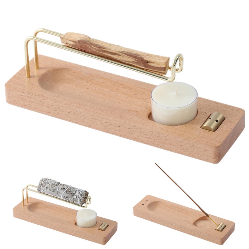 Reyife 4 in 1 Incense Holder for Burning Palo Santo & Sage Sticks & Insence-Stick and Candle, Lasting Burning Wooden Palo Santo and Sage Burner Smudge Bowl for Yoga Meditation Spiritual Altar - Image 1
