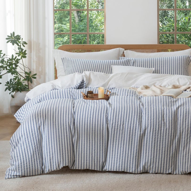 MILDLY Blue Striped Duvet Cover  100 Washed Cotton Jacquard Boho Textured Comforter Cover 3pcs with Zipper Closure 90x90