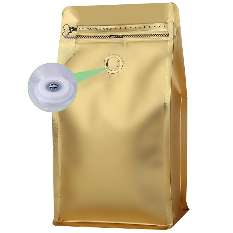 coffee bags with Valve High Barrier Aluminumed Foil Flat Bottom Standing Coffee Beans Storage BagsReusable Heat Sealable Side Zipper Pouches 12oz50pcs Gold