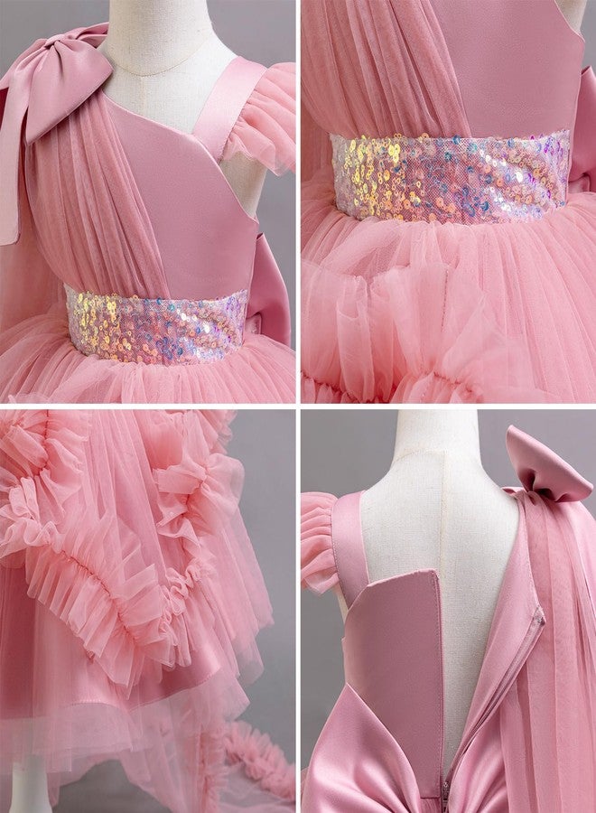 IBAKOM Baby Flower Girl One Shoulder High-Low Formal Wedding Dress 2nd 3rd 4t 5t 6t 7t 8t Toddler Birthday Pageant Prom Party Sneaker Ball Gown Princess First Communion Easter Dresses Dusty Pink 7-8 Years - Image 2