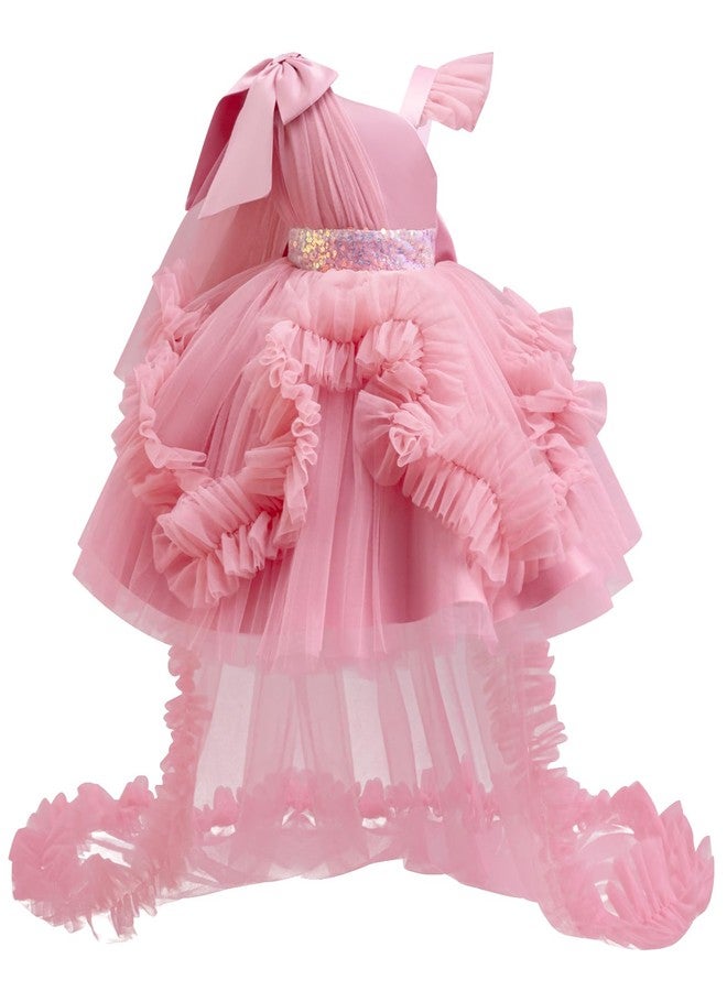 IBAKOM Baby Flower Girl One Shoulder High-Low Formal Wedding Dress 2nd 3rd 4t 5t 6t 7t 8t Toddler Birthday Pageant Prom Party Sneaker Ball Gown Princess First Communion Easter Dresses Dusty Pink 7-8 Years - Image 1