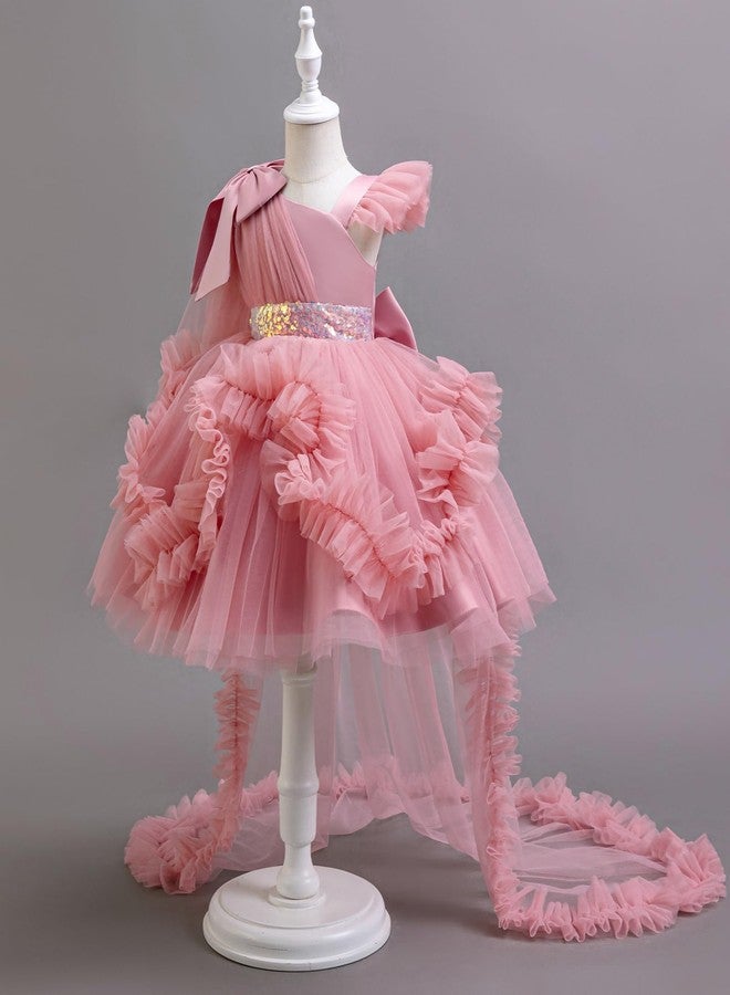 IBAKOM Baby Flower Girl One Shoulder High-Low Formal Wedding Dress 2nd 3rd 4t 5t 6t 7t 8t Toddler Birthday Pageant Prom Party Sneaker Ball Gown Princess First Communion Easter Dresses Dusty Pink 7-8 Years - Image 5