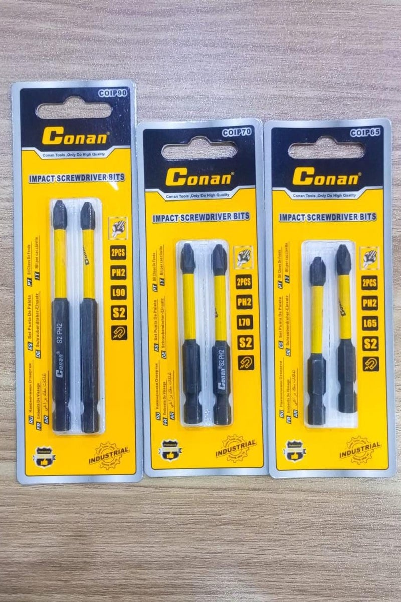 Conan 3 Sets Impact Screwdriver Bits – 6 Pieces PH2 – High Hardness Industrial S2 Steel – Multiple Lengths (L90 / L70 / L65 mm) – Conan - Image 1