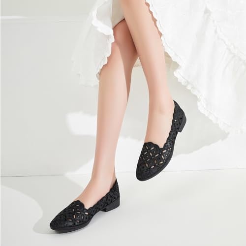 BABUDOG Womens Flats,Black and White Dress Flats with Flower Eyelets,Breathable Ballet Flats(Black.US9) - Image 2