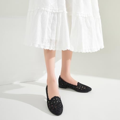BABUDOG Womens Flats,Black and White Dress Flats with Flower Eyelets,Breathable Ballet Flats(Black.US9) - Image 3