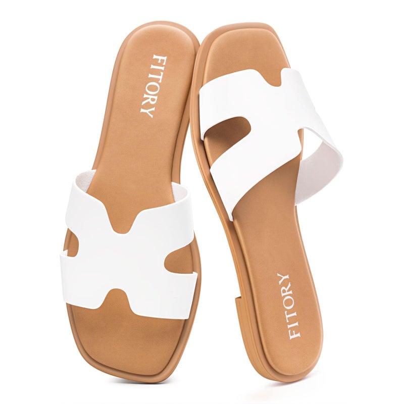FITORY Women's Slide Sandals, Flat Fashion Square Open Toe with Cushion Slippers for Summer Beach Size 7 White - Image 1