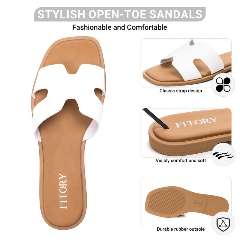 FITORY Women's Slide Sandals, Flat Fashion Square Open Toe with Cushion Slippers for Summer Beach Size 7 White - Image 4
