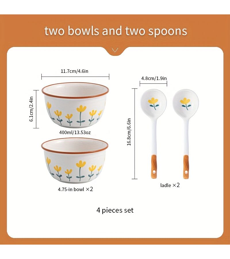 4 Piece Ceramic Dinner Set with 2 Bowls 2 Spoons Elegant Chrysanthemum Tableware Round Dishes for Rice Salad and Soup - Image 3