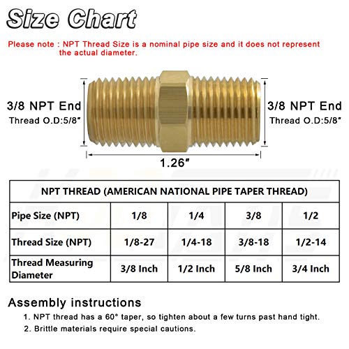 KOOTANS 3/8 NPT x 3/8 NPT Male Solid Brass Nipples Heavy Brass Pipe Adapter Fittings Equal Hex Nipple Connectors 4Pieces - Image 2