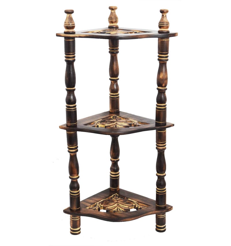 CRAFTCASTLE Handcrafted 3-Tier Wooden Corner Shelf | Mini Side Rack for Home Décor, Trophies, Clocks & Plants | Traditional Design, 61x22x22 cm, Brown - Image 2