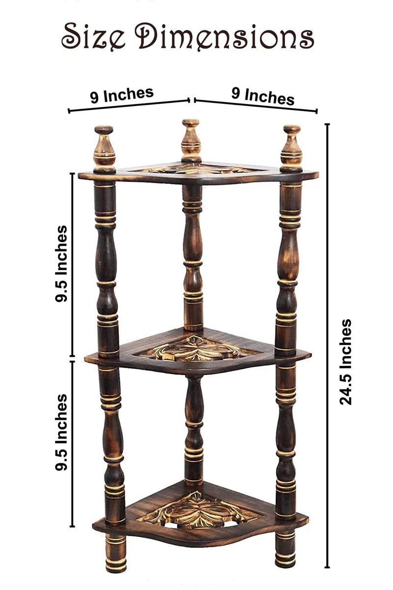 CRAFTCASTLE Handcrafted 3-Tier Wooden Corner Shelf | Mini Side Rack for Home Décor, Trophies, Clocks & Plants | Traditional Design, 61x22x22 cm, Brown - Image 3