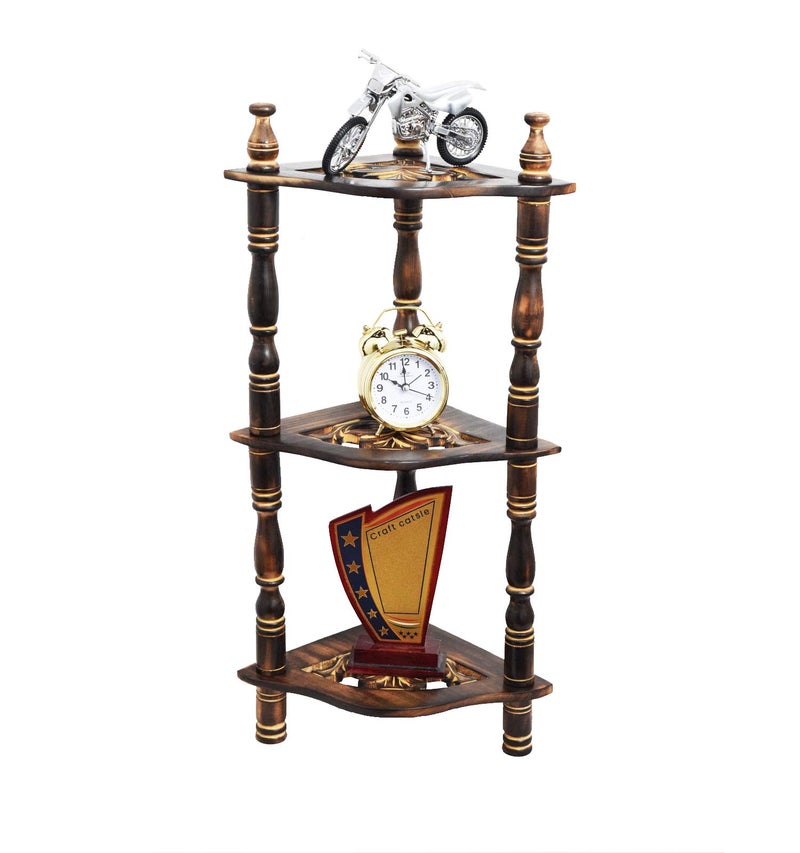 CRAFTCASTLE Handcrafted 3-Tier Wooden Corner Shelf | Mini Side Rack for Home Décor, Trophies, Clocks & Plants | Traditional Design, 61x22x22 cm, Brown - Image 4