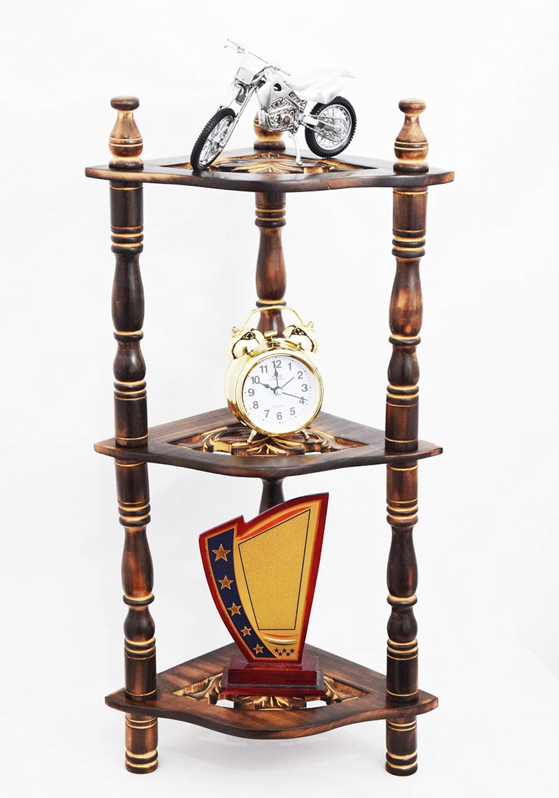 CRAFTCASTLE Handcrafted 3-Tier Wooden Corner Shelf | Mini Side Rack for Home Décor, Trophies, Clocks & Plants | Traditional Design, 61x22x22 cm, Brown - Image 1