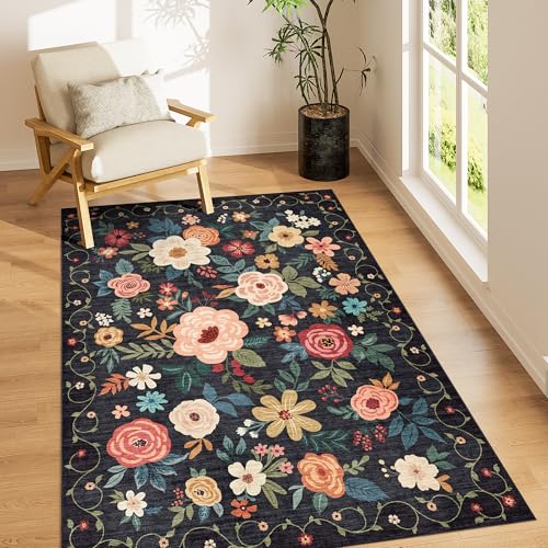 DUKINO 3x5 Area Rug Floral Rugs for Living Room Lightweight Non Slip Washable Rug Indoor Low Pile NonShedding Boho Design Rugs for Bedroom Living Room Dining Room Black - Image 1