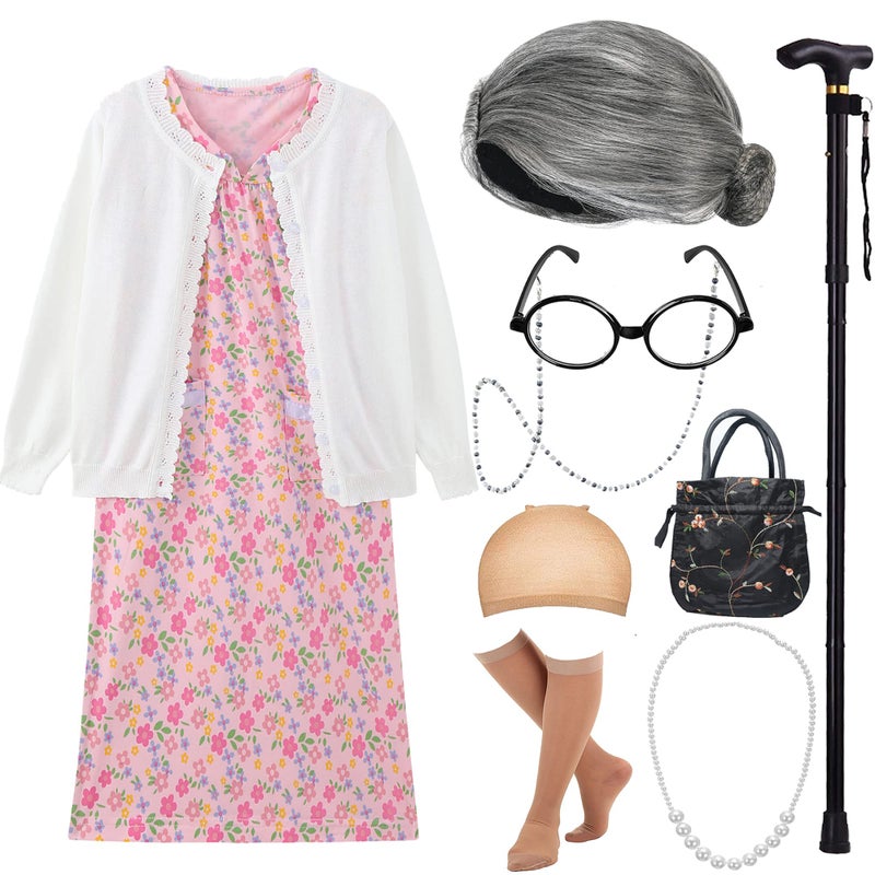 EBYTOP 100 Days of School Costume for Kids 100th Day Halloween Old Lady Costume Dress up Granny Wig Grandma Glasses Cane2WH 34 Years - Image 2