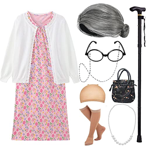 EBYTOP 100 Days of School Costume for Kids 100th Day Halloween Old Lady Costume Dress up Granny Wig Grandma Glasses Cane2WH 34 Years - Image 1