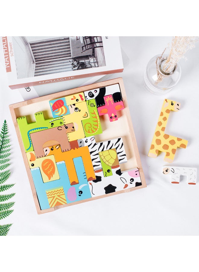 Animal Russian Three-Dimensional Jigsaw Puzzle Children's Baby Early Education Intelligence Boys And Girls Wooden Toys-Color:155 Animal City Puzzle Blocks - Image 5