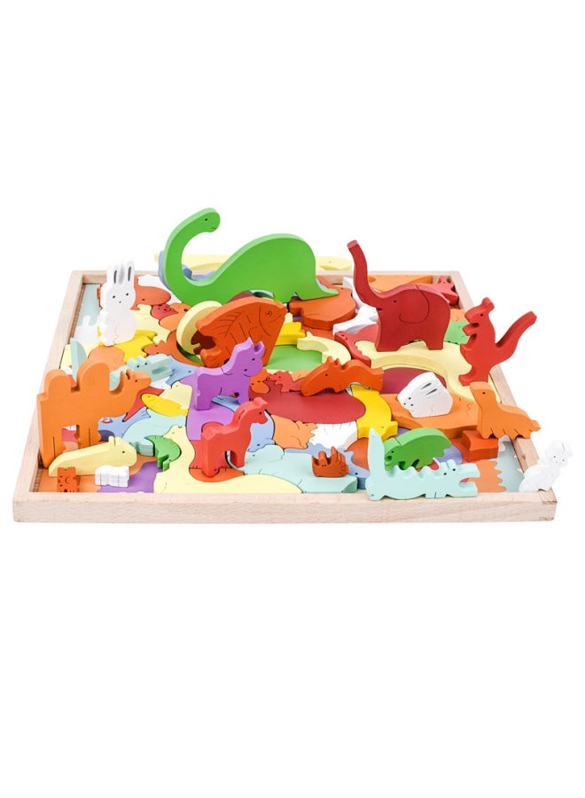 Animal Russian Three-Dimensional Jigsaw Puzzle Children's Baby Early Education Intelligence Boys And Girls Wooden Toys-Color:155 Animal City Puzzle Blocks - Image 1