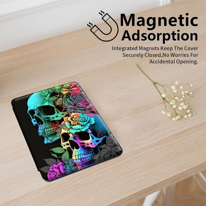Mxfdegf Amazon Kindle Fire 7 Case - 360 Rotating Stand, Smart Protective Case for Fire 7 2022 Tablet (7' Display), Colorful Rose Flower Skull - Image 3