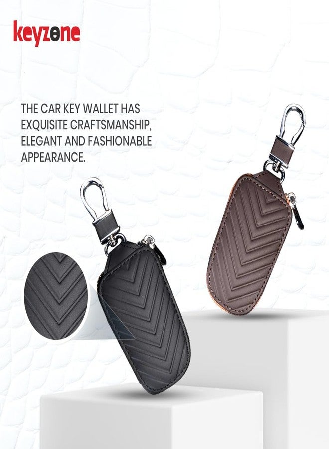 keyzone Unisex Chevron Pattern Leather Car Key Holder pouch Bag, Keychain Case Wallet with Zipper Closure (Brown) - Image 2