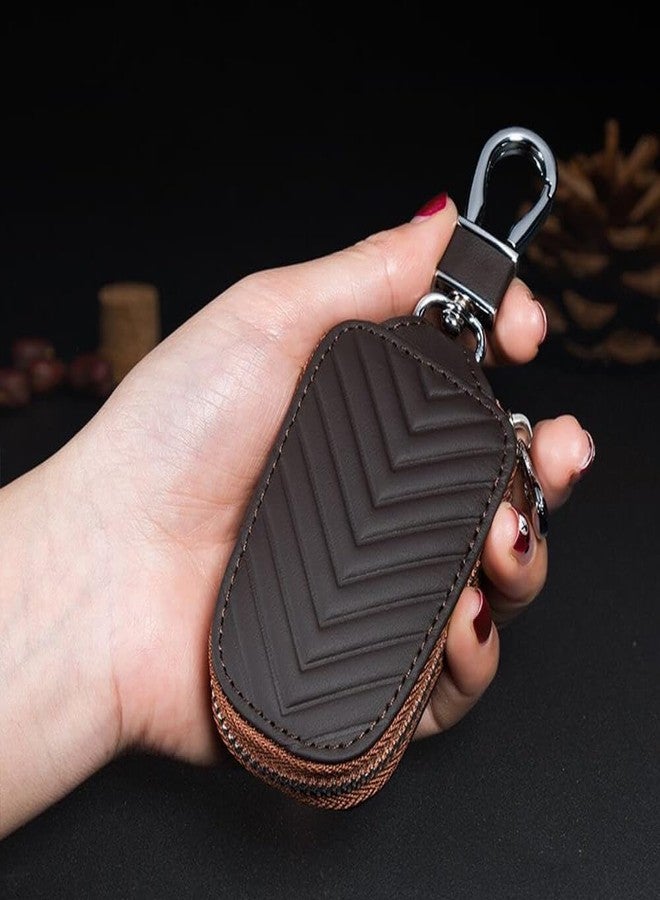 keyzone Unisex Chevron Pattern Leather Car Key Holder pouch Bag, Keychain Case Wallet with Zipper Closure (Brown) - Image 1
