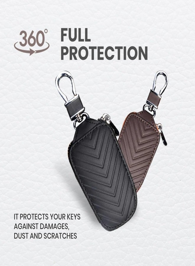 keyzone Unisex Chevron Pattern Leather Car Key Holder pouch Bag, Keychain Case Wallet with Zipper Closure (Brown) - Image 4