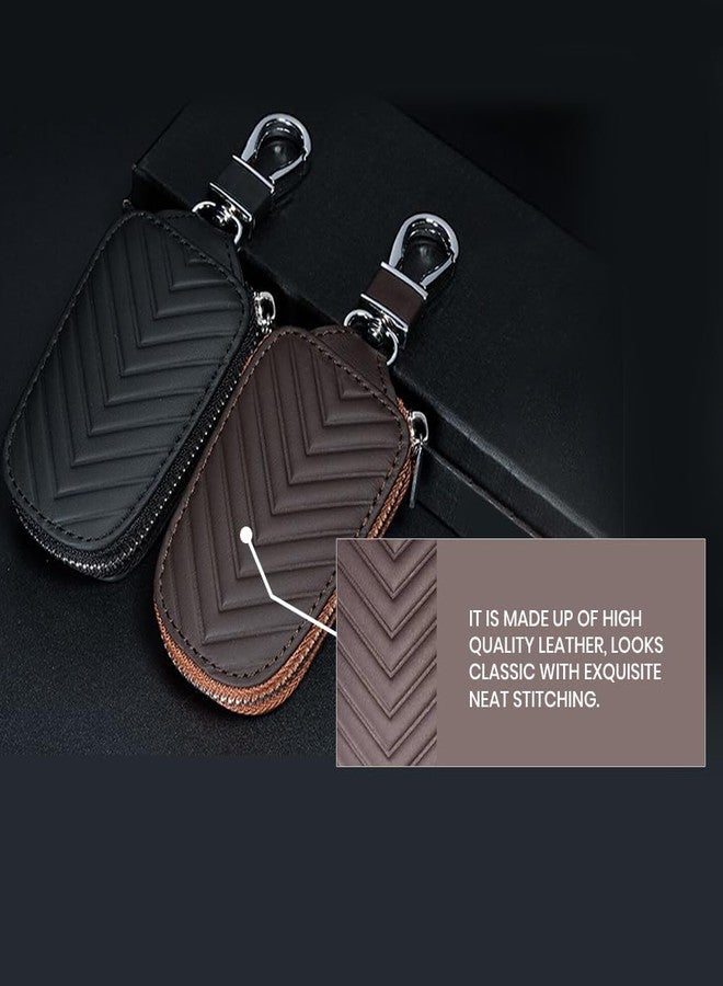 keyzone Unisex Chevron Pattern Leather Car Key Holder pouch Bag, Keychain Case Wallet with Zipper Closure (Brown) - Image 3