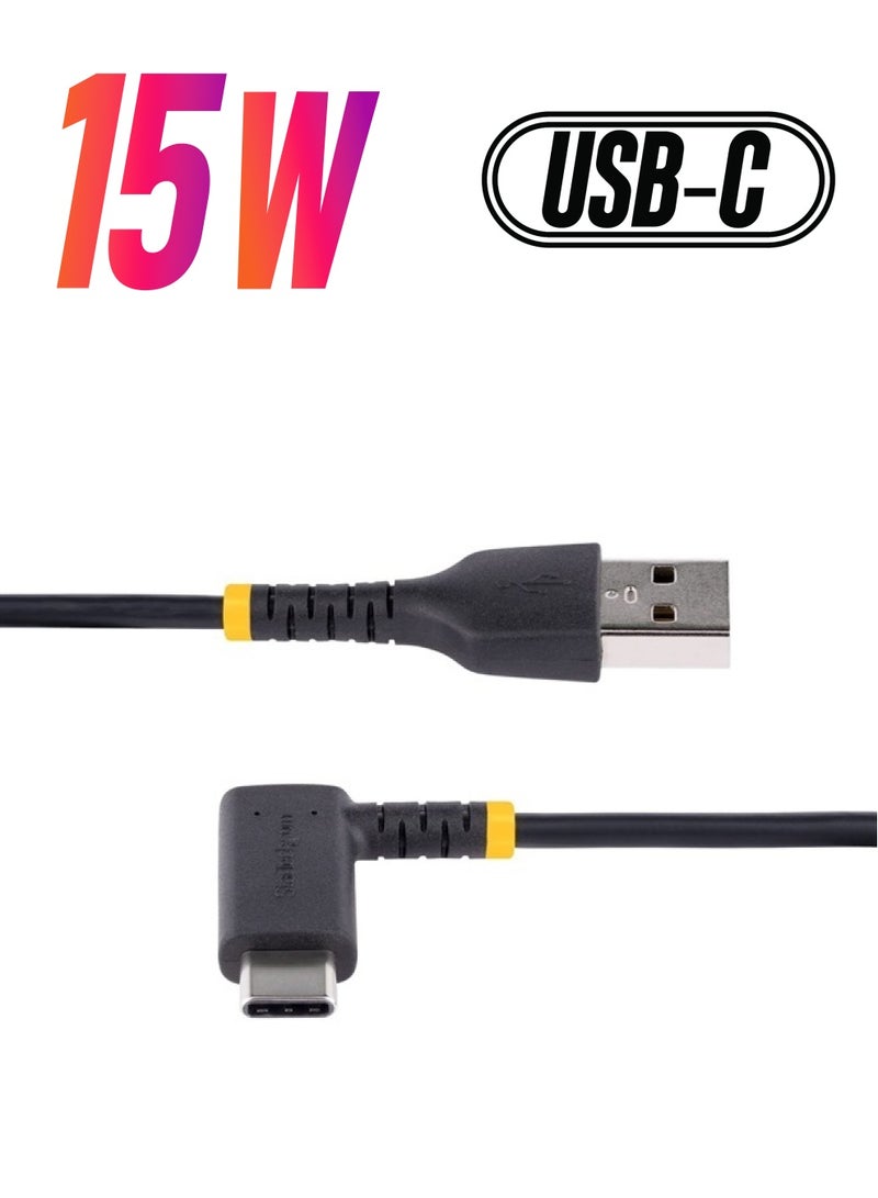 Startech.com 6in (15cm) USB A to C Charging Cable Right Angle - Fast Charge USB-C Cable - USB 2.0 A to Type-C - Rugged Aramid Fiber - 3A - Short USB Charging Cord (R2ACR-15C-USB-CABLE), Black - Image 1