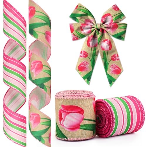 Glodecart 2 Rolls Spring Flower Ribbons Wired for Wreath Bow Wrapping Gifts, Tulips Ribbon for Gift Wrapping Party Decoration DIY Crafts, 2.5" X 10 Yards Pink Stripe Tulip Flower Wired Edge Ribbon - Image 1