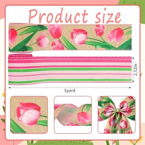 Glodecart 2 Rolls Spring Flower Ribbons Wired for Wreath Bow Wrapping Gifts, Tulips Ribbon for Gift Wrapping Party Decoration DIY Crafts, 2.5" X 10 Yards Pink Stripe Tulip Flower Wired Edge Ribbon - Image 2