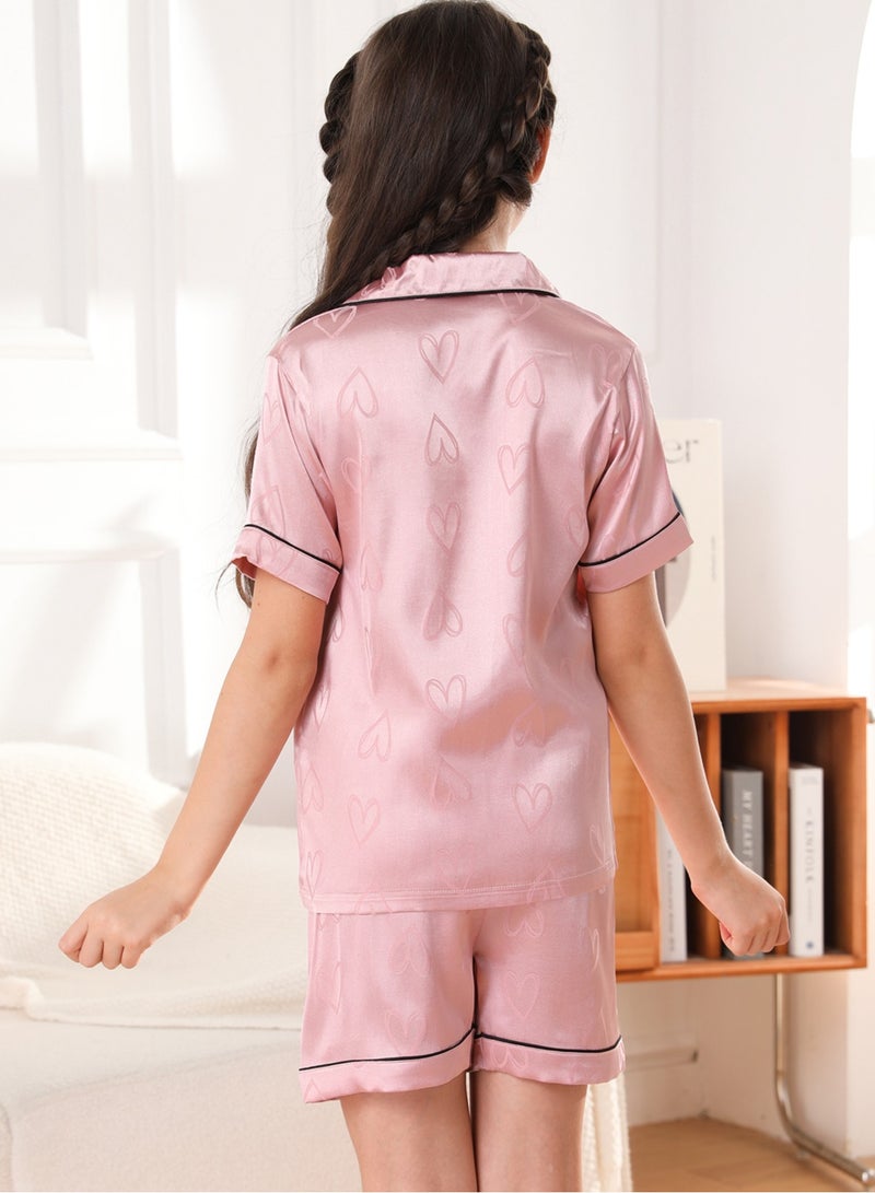RuanMM girl Silky Satin Pajamas Set children's Nightwear Pj Sets Sleepwear Pink with small hearts - Image 4