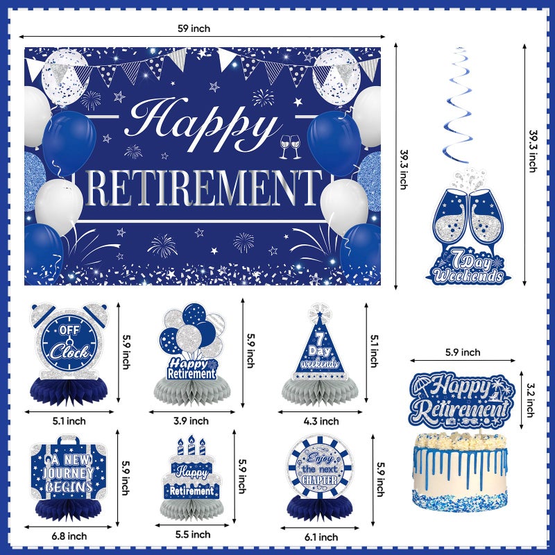 YTHETM Retirement Party Decorations for Men Women Blue Silver Happy Retirement Banner Backdrop Honeycomb Centerpiece Cake Topper Hanging Swirl Set - Image 3