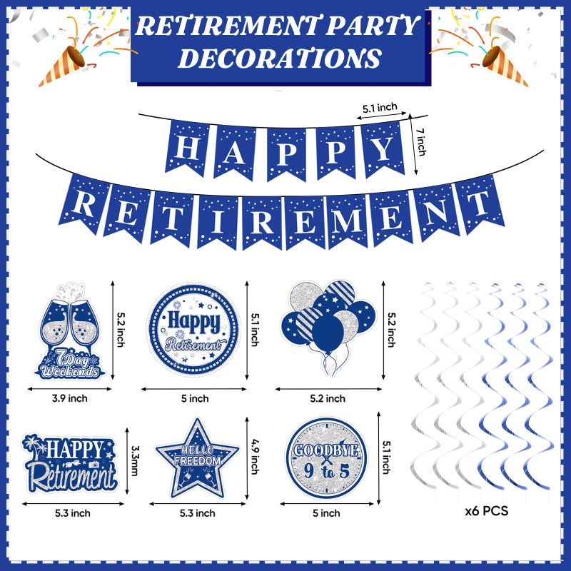 YTHETM Retirement Party Decorations for Men Women Blue Silver Happy Retirement Banner Backdrop Honeycomb Centerpiece Cake Topper Hanging Swirl Set - Image 2