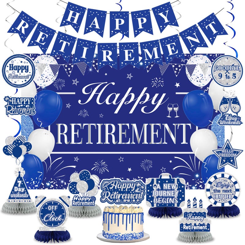 YTHETM Retirement Party Decorations for Men Women Blue Silver Happy Retirement Banner Backdrop Honeycomb Centerpiece Cake Topper Hanging Swirl Set - Image 1