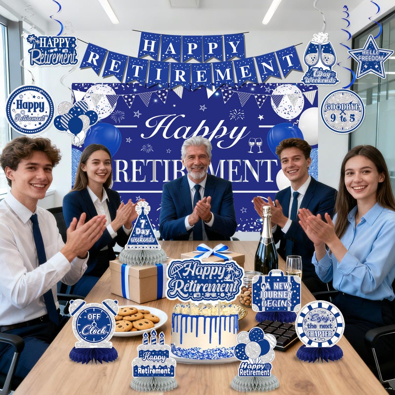 YTHETM Retirement Party Decorations for Men Women Blue Silver Happy Retirement Banner Backdrop Honeycomb Centerpiece Cake Topper Hanging Swirl Set - Image 5