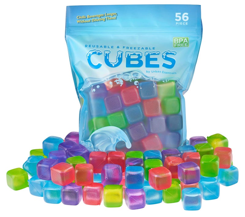 Urban Essentials Reusable Ice Cubes  Quick Freeze Colorful Plastic Square Ice cubes With Resealable Bag Assorted Colors Pack Of 56