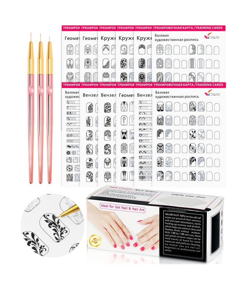 DOUBORQ Nail Art Book Design Practice With 3pc Rose Gold Nail Liner Pen 360pcs Nail Wipes Lines Drawing Painting Template Learning Book Manicure Tools For Beginner (white) - Image 1