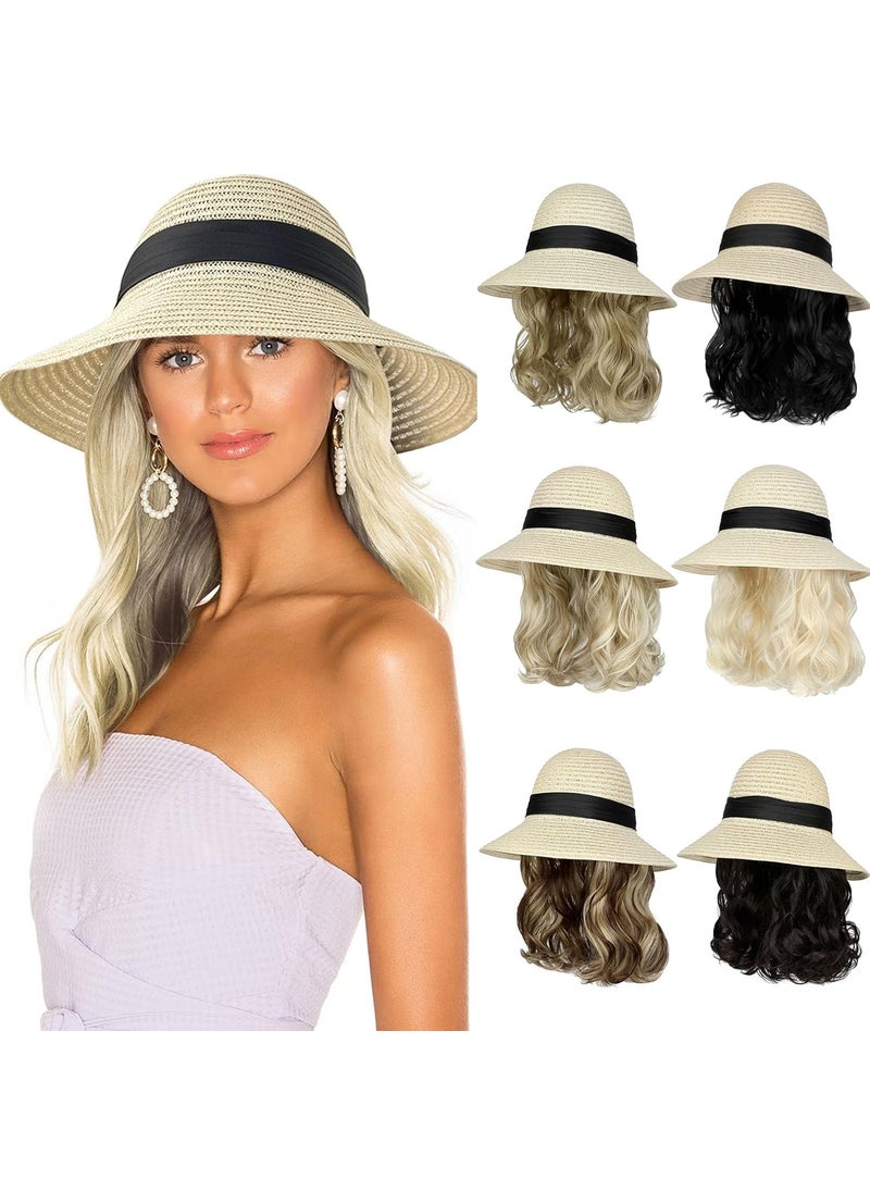 Lansigreen - Sun Hat with Hair Extensions Hat Wig UPF 50 Foldable Wide Brim Straw Beach Hat Attached 9 Wavy Hairpiece Synthetic for Women Summer Ash Blonde Mix Bleach Blonde - Image 1