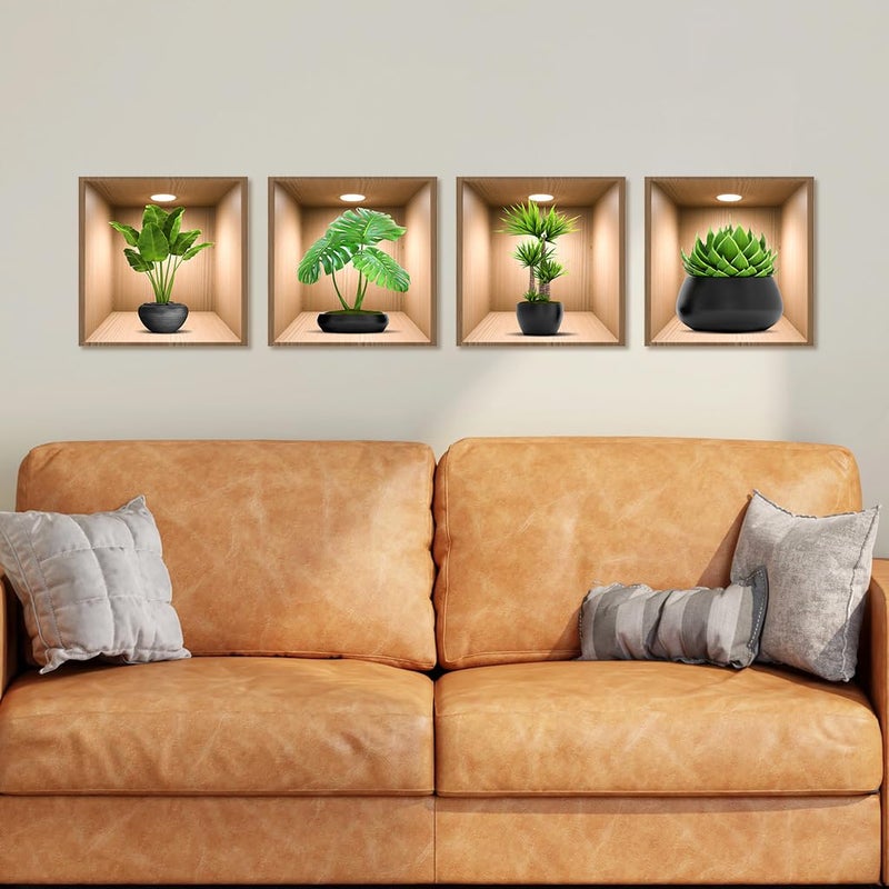 iMagitek 4 Pack 3D Green Plants Wall Decals  3D Green Pot Plant Succulent Wall Stickers for Sofa Background Bedroom Living Room Kitchen - Image 4
