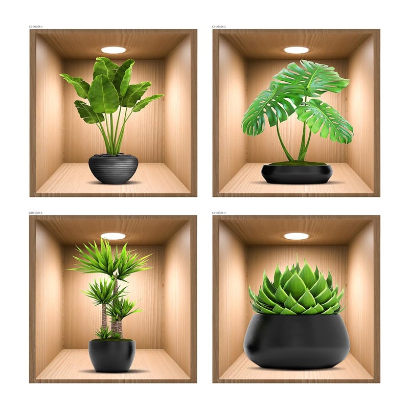 iMagitek 4 Pack 3D Green Plants Wall Decals  3D Green Pot Plant Succulent Wall Stickers for Sofa Background Bedroom Living Room Kitchen - Image 1