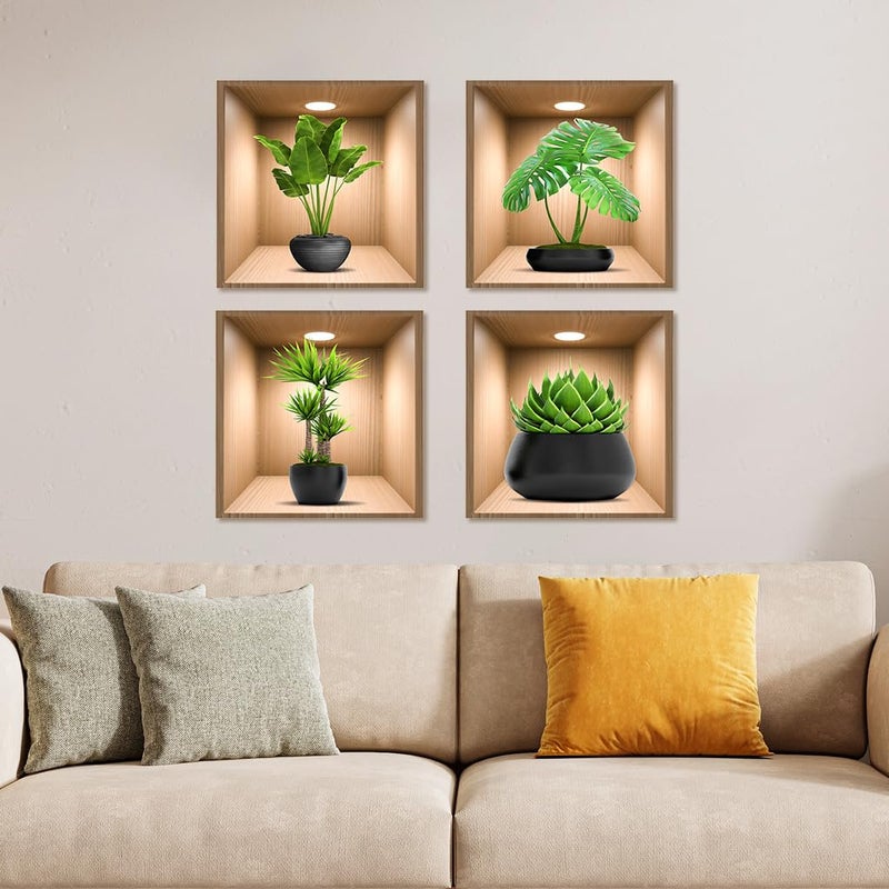 iMagitek 4 Pack 3D Green Plants Wall Decals  3D Green Pot Plant Succulent Wall Stickers for Sofa Background Bedroom Living Room Kitchen - Image 2