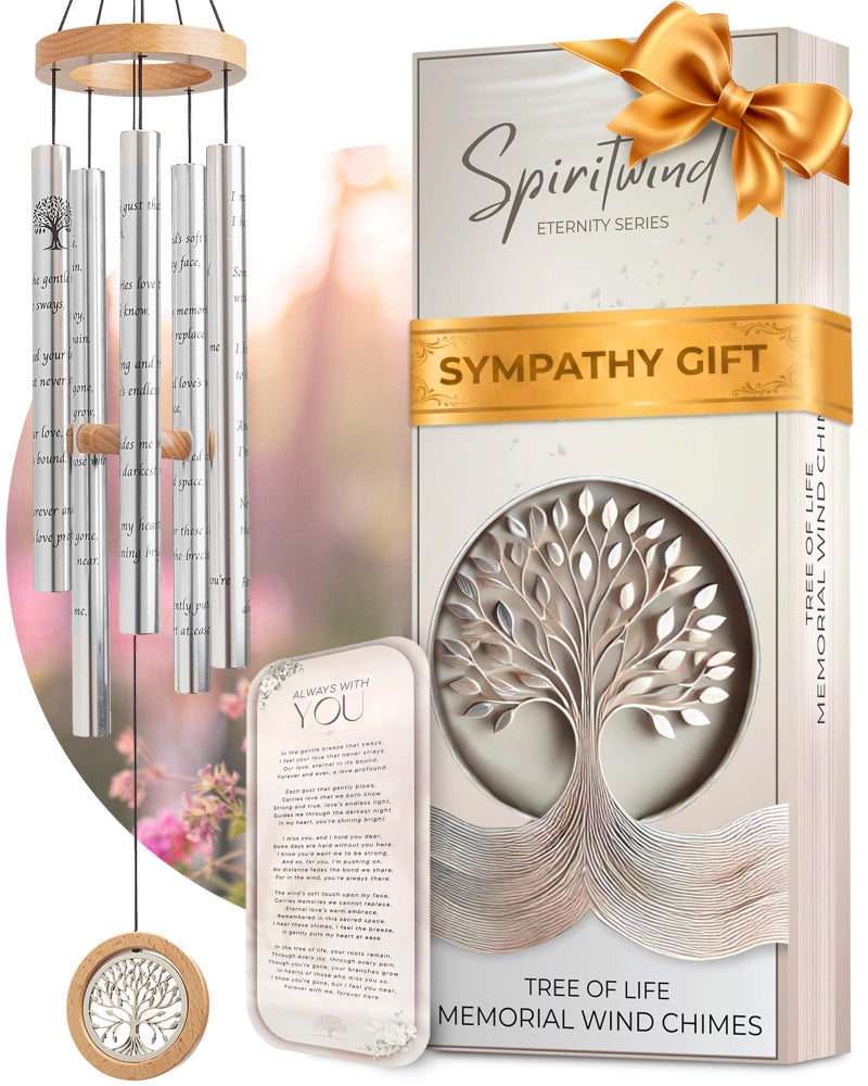 Spiritwind Tree of Life Memorial Wind Chimes for Loss of Loved One - Beautifully Packaged Memory Tree Windchimes in Memory of a Loved One - Sympathy Wind Chimes with Sympathy Card & Floral Keepsake (32" Size) - Image 1