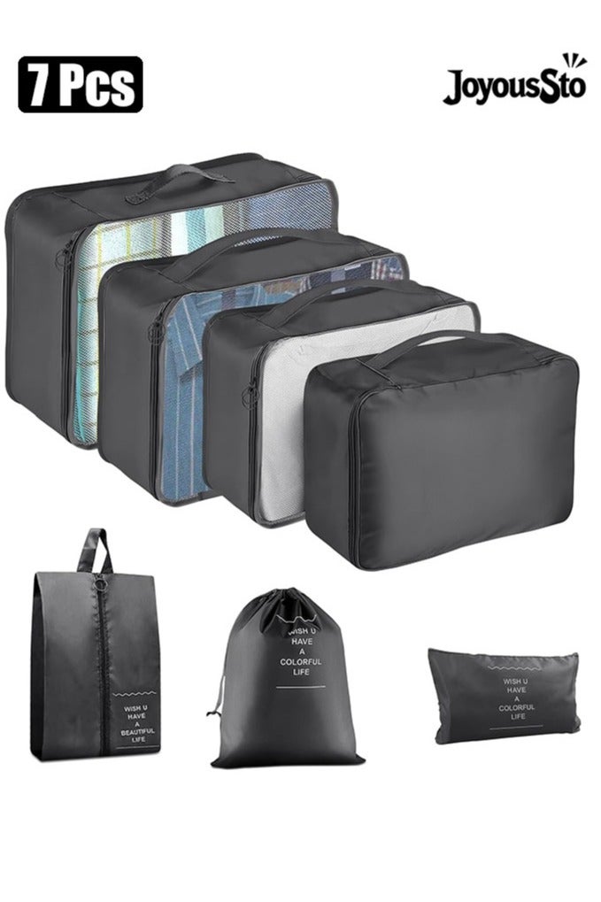 متجر الفرح مجموعة من 7 مكعبات تعبئة لحقائب السفر، منظمات تعبئة أمتعة السفر مع حقيبة غسيل، حقيبة تخزين أحذية مضغوطة، حقيبة ملابس داخلية، للرجال والنساء، لون أسود - Image 1