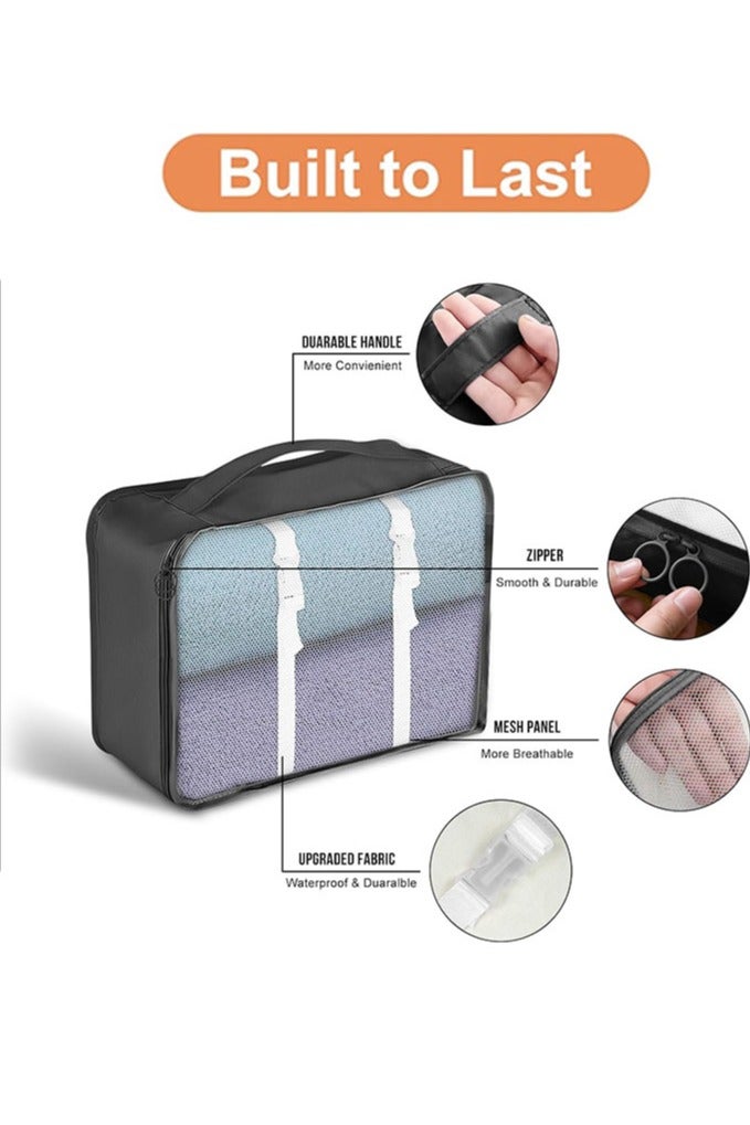 متجر الفرح مجموعة من 7 مكعبات تعبئة لحقائب السفر، منظمات تعبئة أمتعة السفر مع حقيبة غسيل، حقيبة تخزين أحذية مضغوطة، حقيبة ملابس داخلية، للرجال والنساء، لون أسود - Image 3