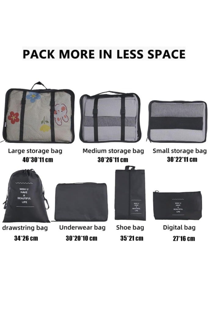 متجر الفرح مجموعة من 7 مكعبات تعبئة لحقائب السفر، منظمات تعبئة أمتعة السفر مع حقيبة غسيل، حقيبة تخزين أحذية مضغوطة، حقيبة ملابس داخلية، للرجال والنساء، لون أسود - Image 4
