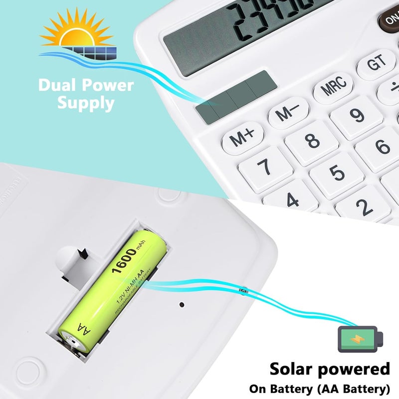 Desktop Calculator: White Dual-Power Big Button Large Display - Cute Design Desktop Calculator for Office School Teachers Students - Image 3