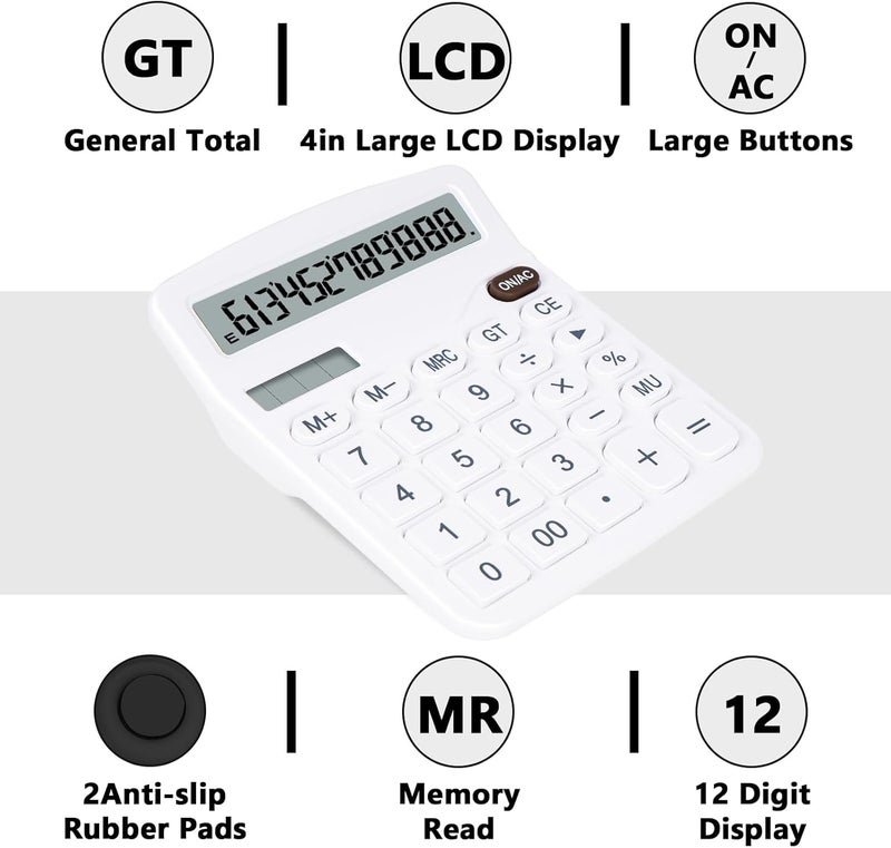 Desktop Calculator: White Dual-Power Big Button Large Display - Cute Design Desktop Calculator for Office School Teachers Students - Image 4