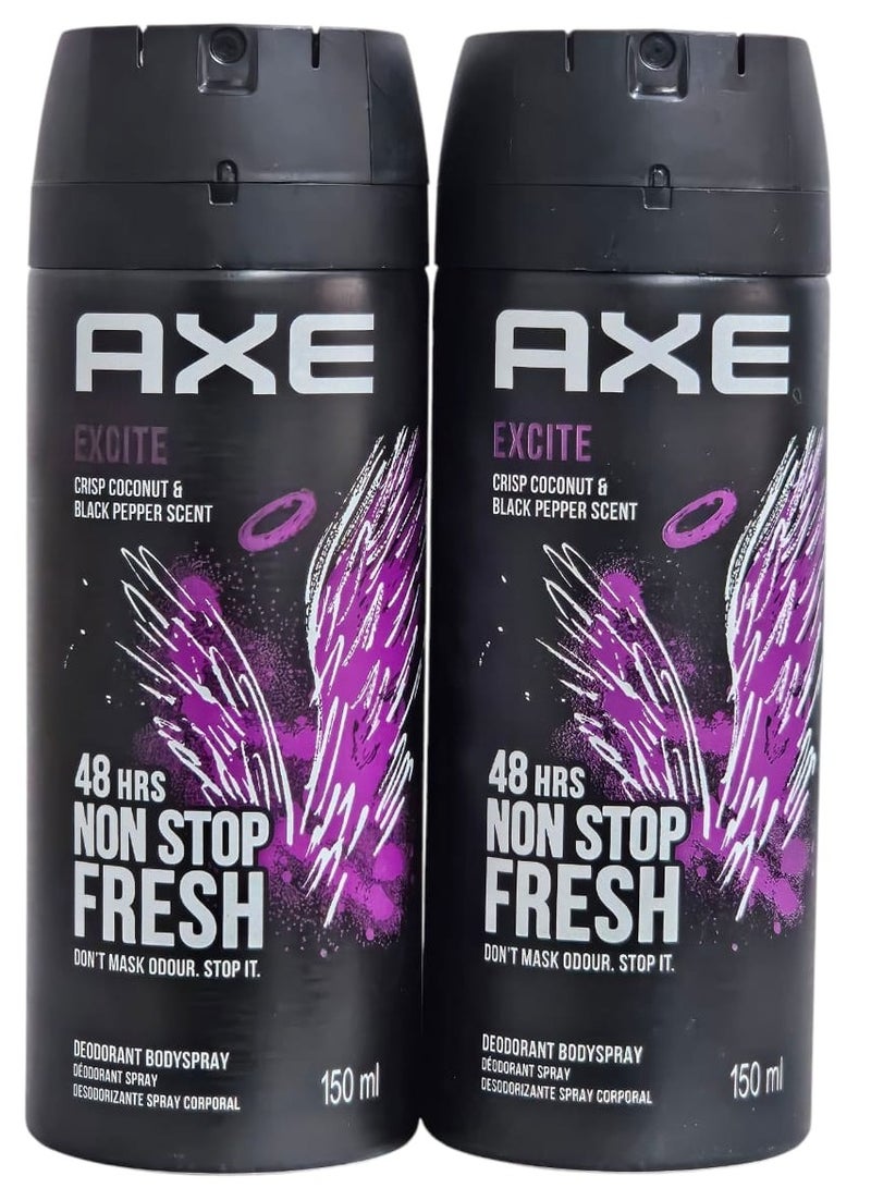 Excite spray deodorant 150ml with refreshing coconut and black pepper scent. Two bottles.