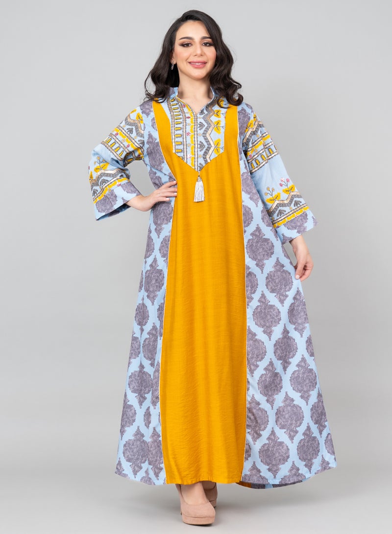 اكسا جلابية مطرزة سادة بياقة ماندرين أنيقة أزرق - Image 1