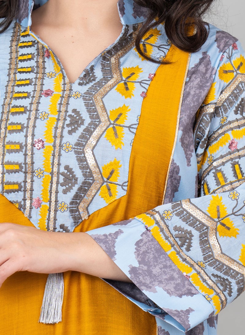 اكسا جلابية مطرزة سادة بياقة ماندرين أنيقة أزرق - Image 2